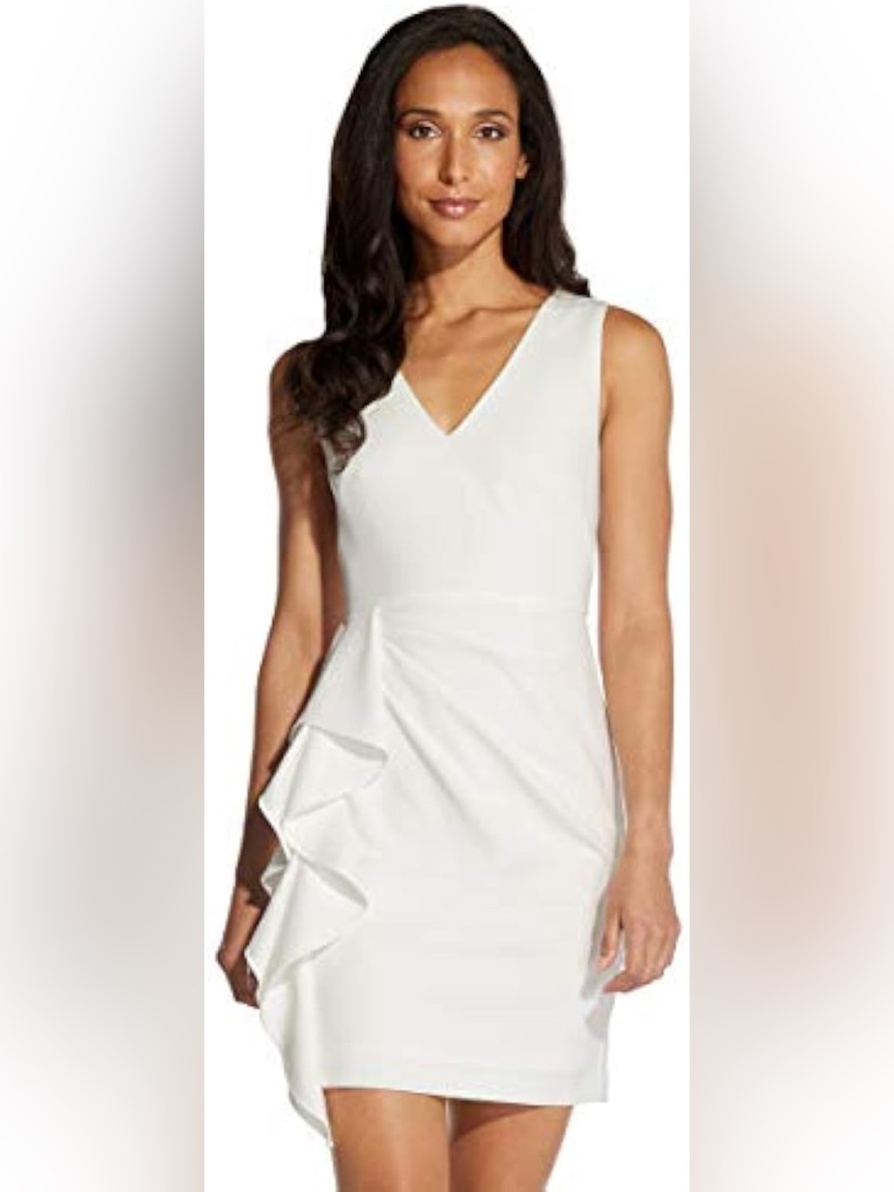 Adrianna Papell White V-Neck Ruffled Side Dress